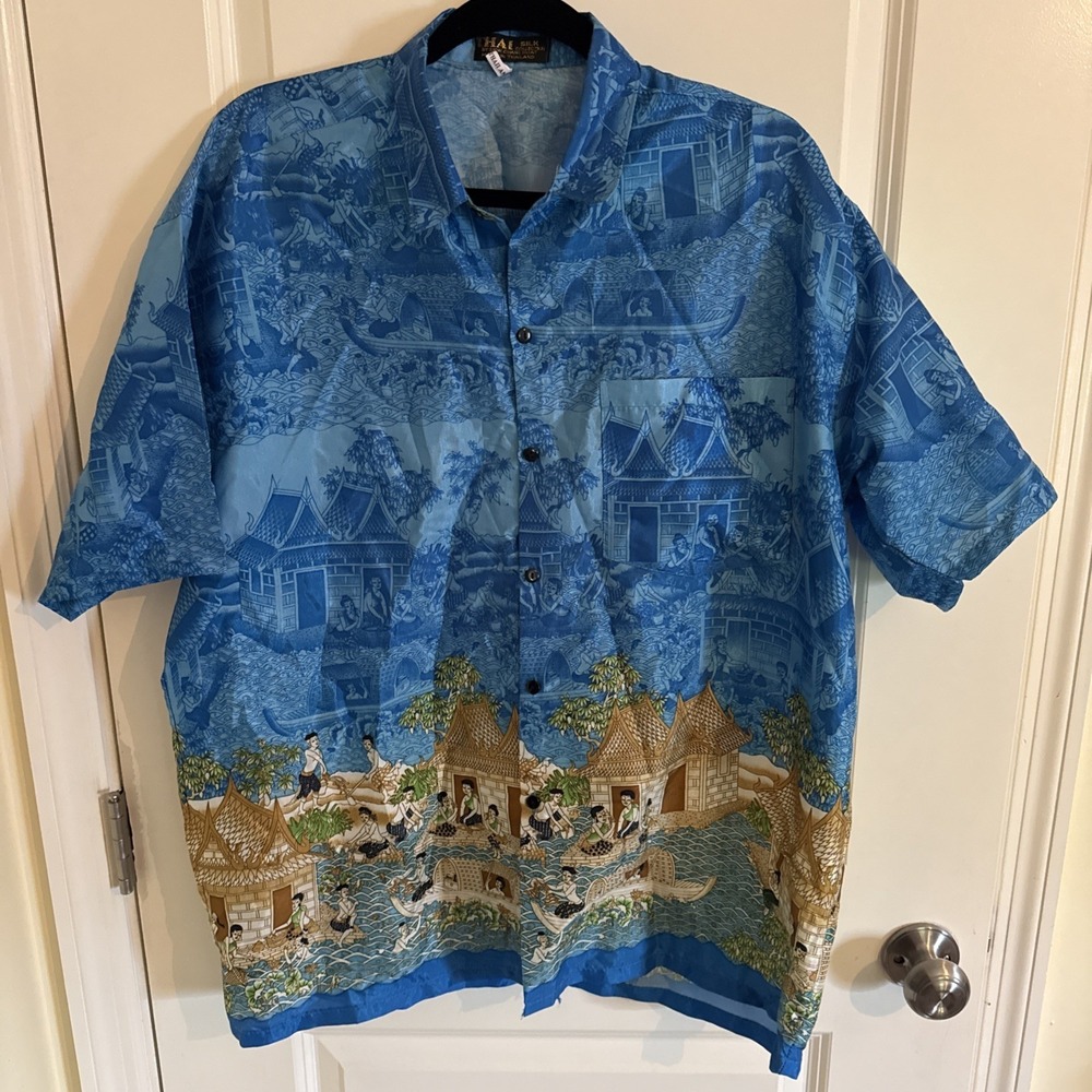 Thai Silk by Siew Chang Huat Men's Large Ancient Village Teal Button Up Shirt XL
